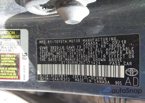 2019 Toyota Corolla Le from USA, damaged, VIN 2T1BURHE2KC171424